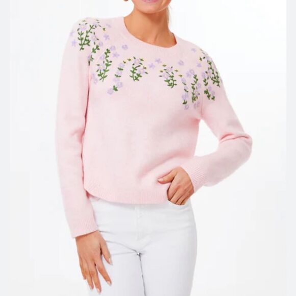 HYACINTH HOUSE Pink Floral Embroidered Lilah Sweater-Z6 - Picture 1 of 8